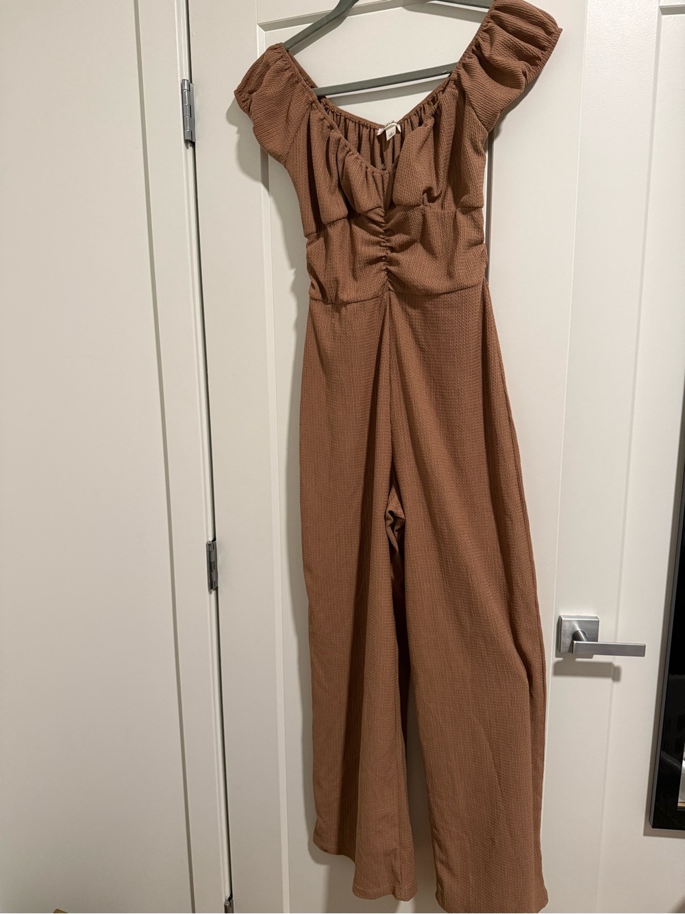 Derek Heart Rust Brown Off-Shoulder Wide-Leg Jumpsuit